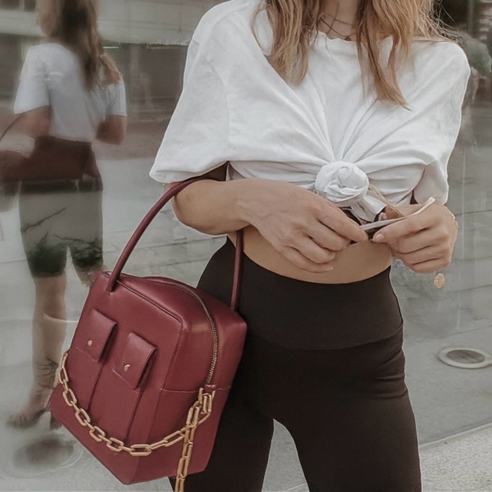 PARIS YIN Burgundy Handbag w/ Gold Chain - in ORIGINAL BOX!